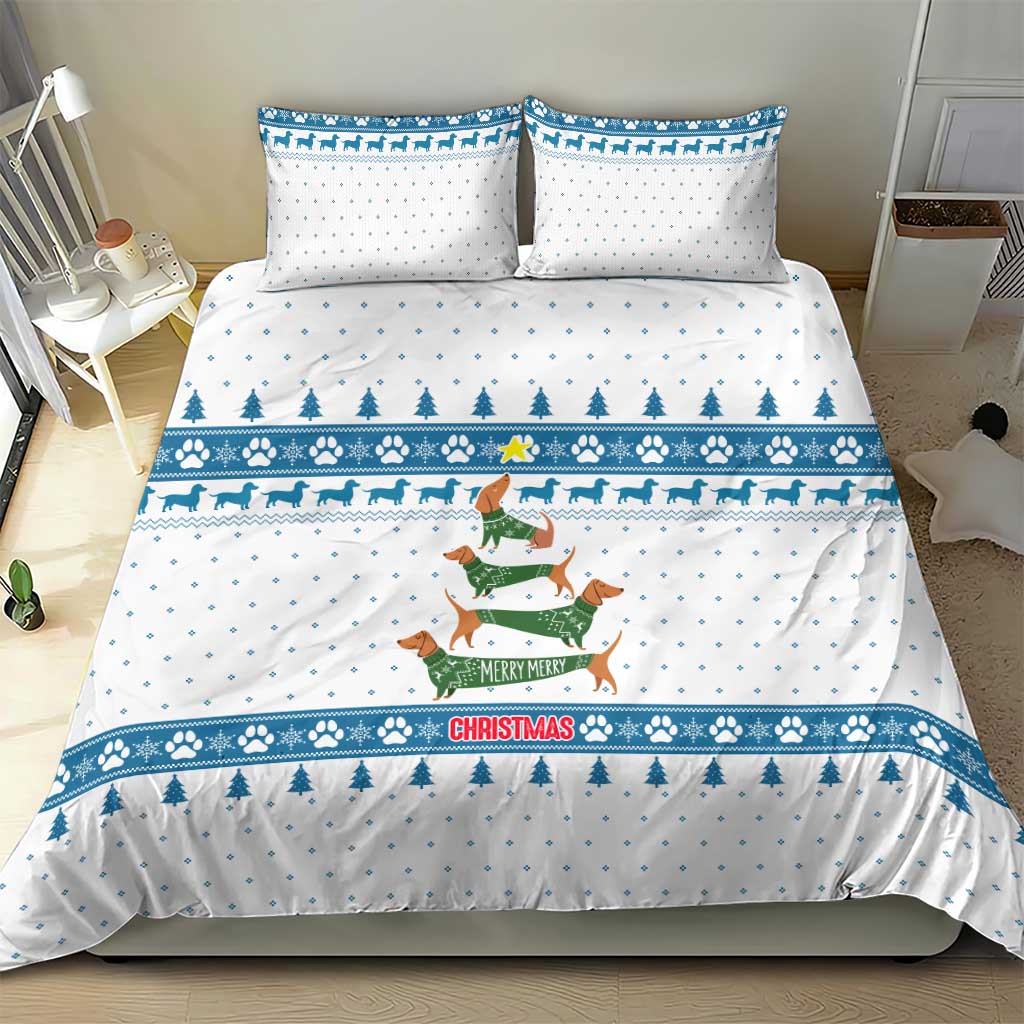 Dachshund Dog Tree Stack Bedding Set with Blue White Paw Print Pattern Design - Wonder Print Shop