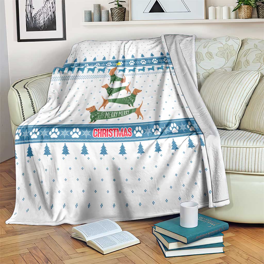 Dachshund Dog Tree Stack Blanket with Blue White Paw Print Pattern Design - Wonder Print Shop