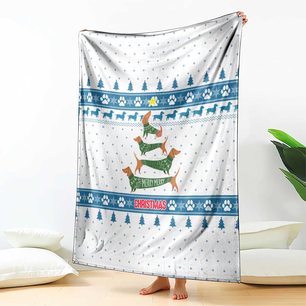 Dachshund Dog Tree Stack Blanket with Blue White Paw Print Pattern Design - Wonder Print Shop