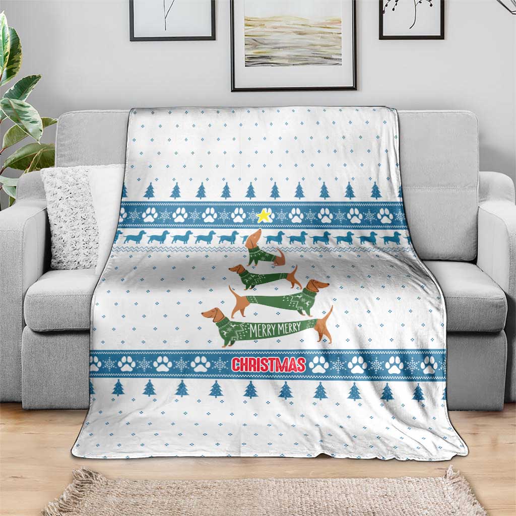 Dachshund Dog Tree Stack Blanket with Blue White Paw Print Pattern Design - Wonder Print Shop