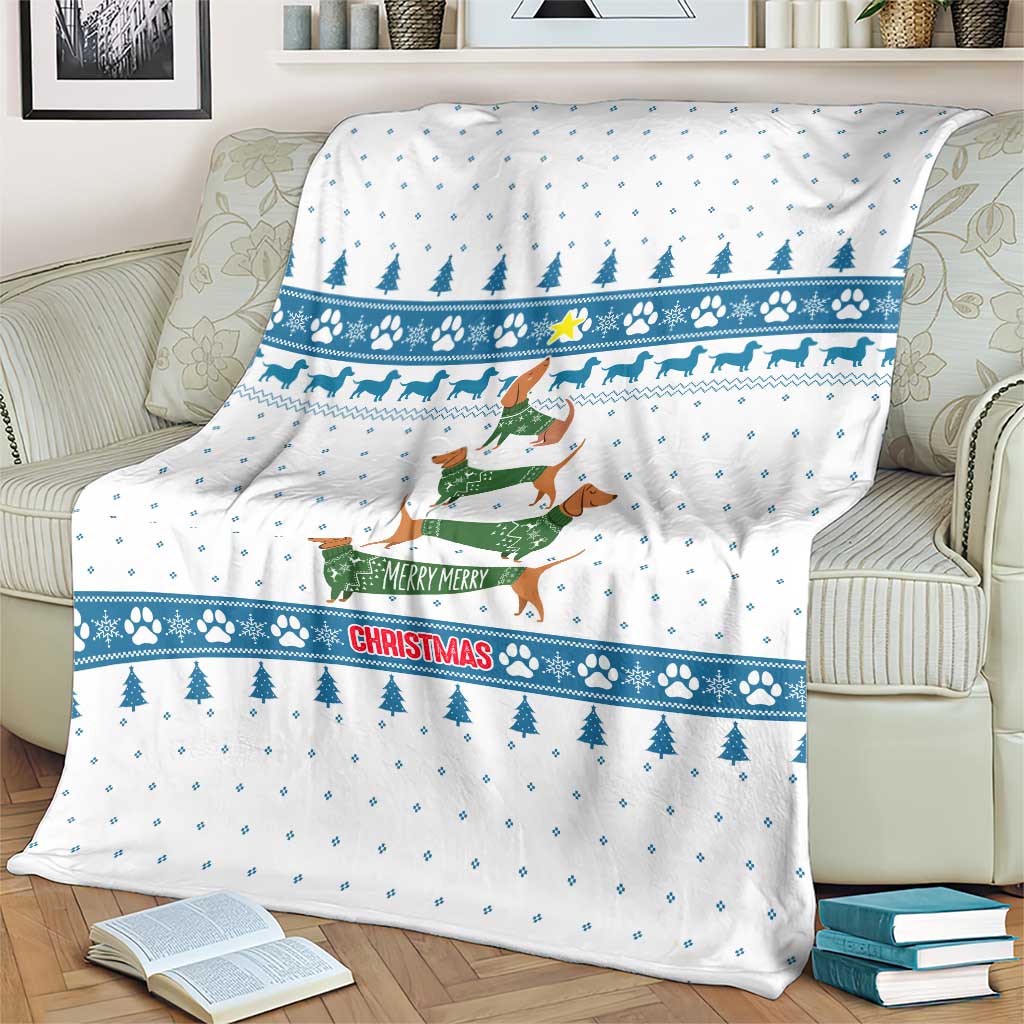 Dachshund Dog Tree Stack Blanket with Blue White Paw Print Pattern Design - Wonder Print Shop