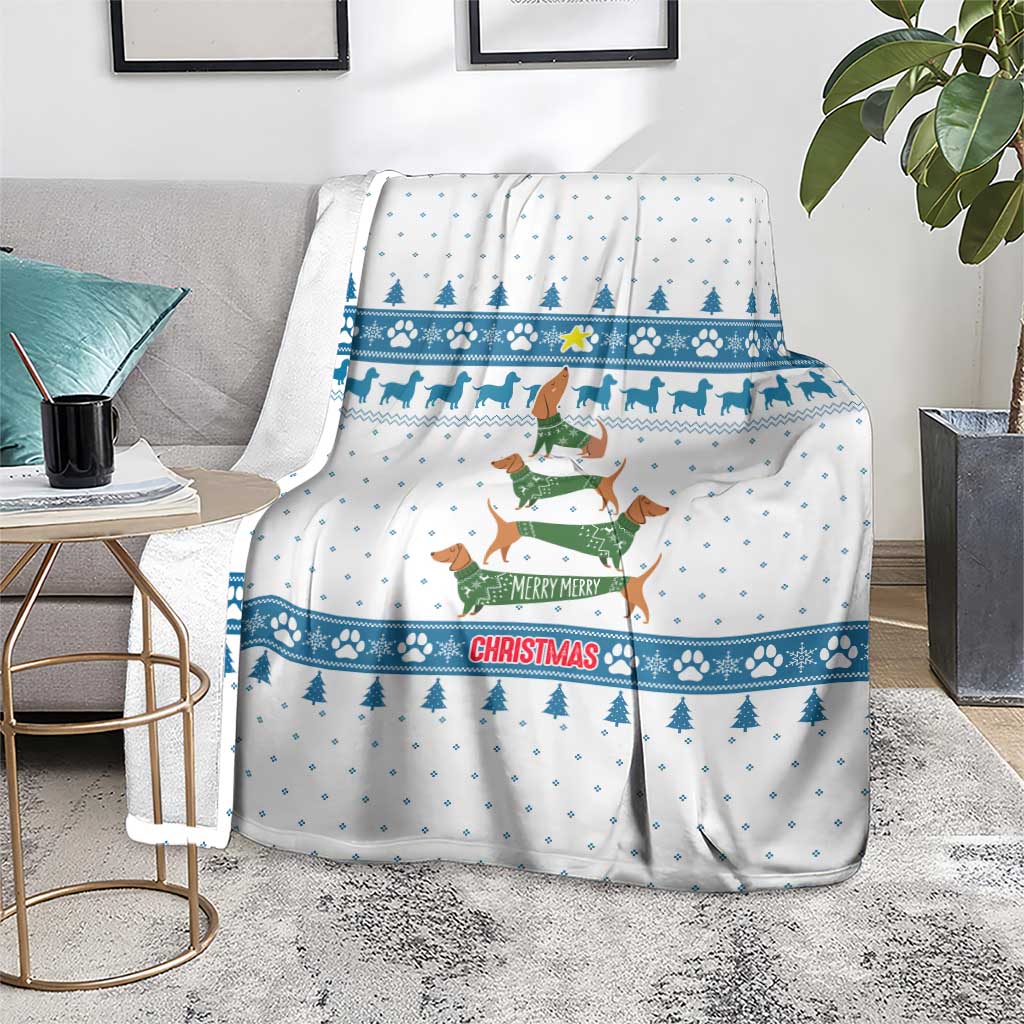 Dachshund Dog Tree Stack Blanket with Blue White Paw Print Pattern Design - Wonder Print Shop