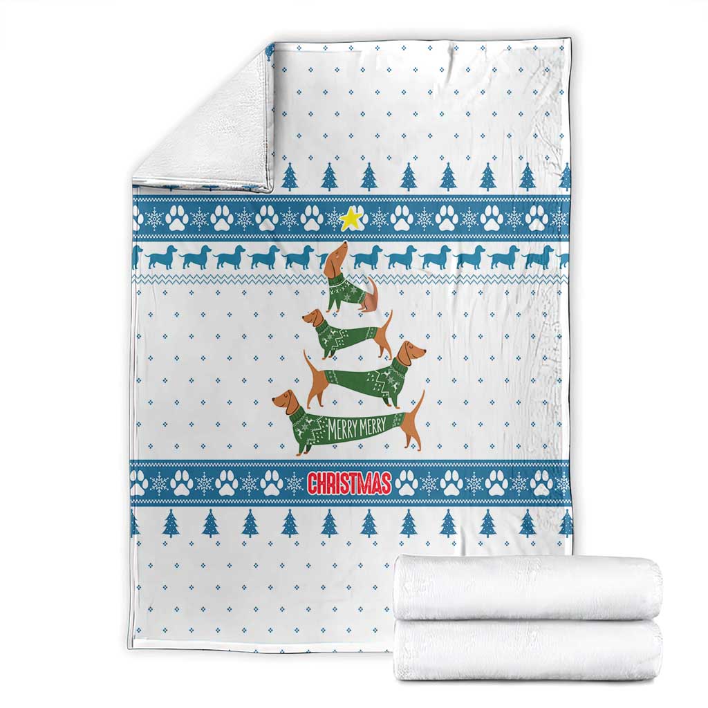 Dachshund Dog Tree Stack Blanket with Blue White Paw Print Pattern Design - Wonder Print Shop
