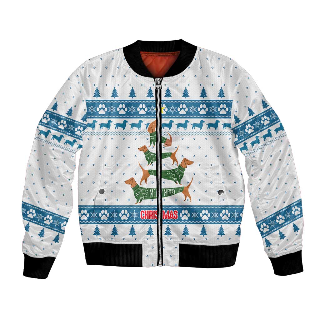 Dachshund Dog Tree Stack Bomber Jacket with Blue White Paw Print Pattern Design - Wonder Print Shop