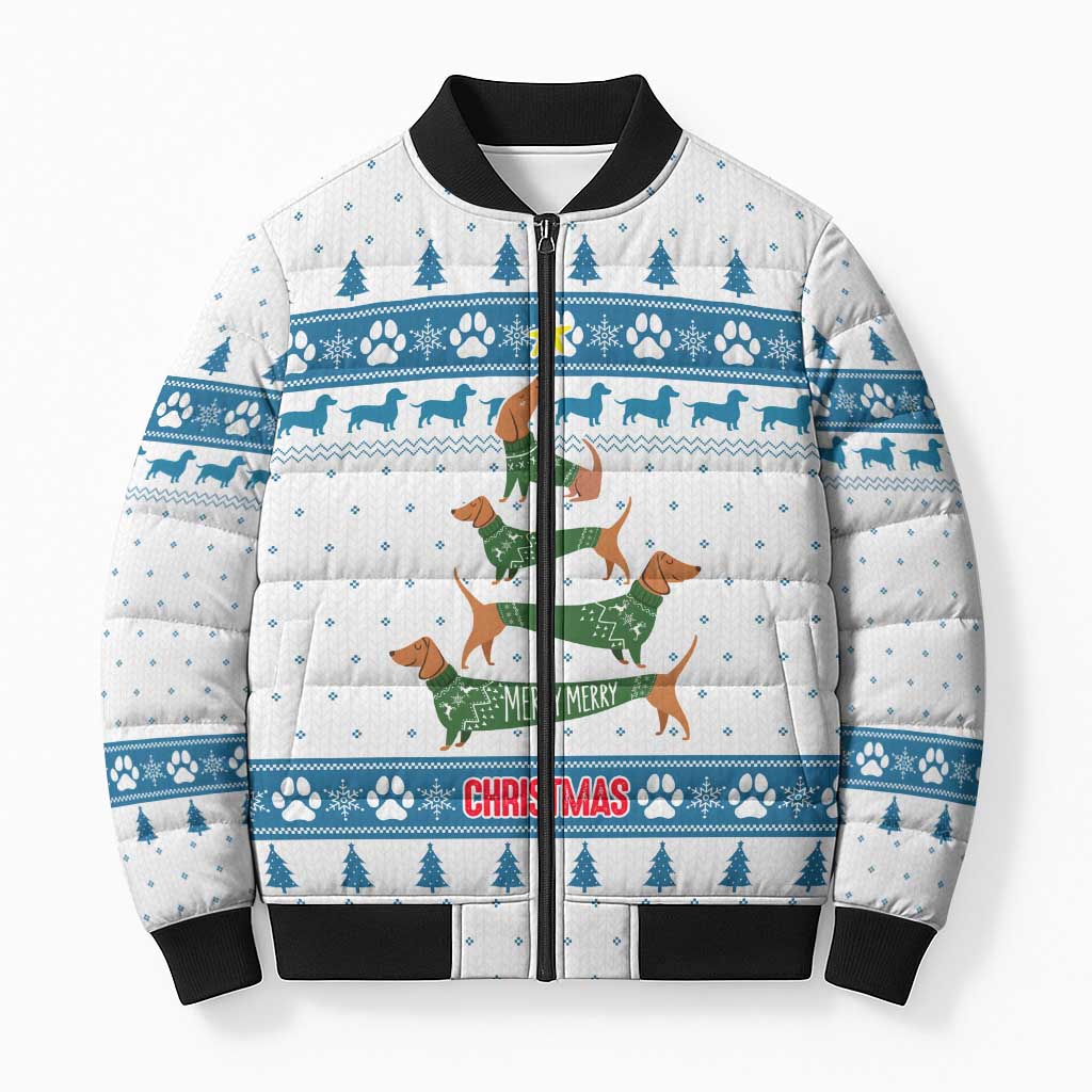 Dachshund Dog Tree Stack Bomber Puffer Jacket with Blue White Paw Print Pattern Design - Wonder Print Shop