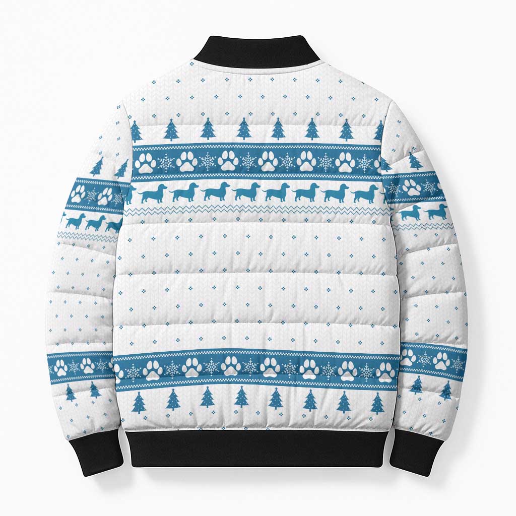 Dachshund Dog Tree Stack Bomber Puffer Jacket with Blue White Paw Print Pattern Design - Wonder Print Shop