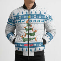 Dachshund Dog Tree Stack Bomber Puffer Jacket with Blue White Paw Print Pattern Design - Wonder Print Shop