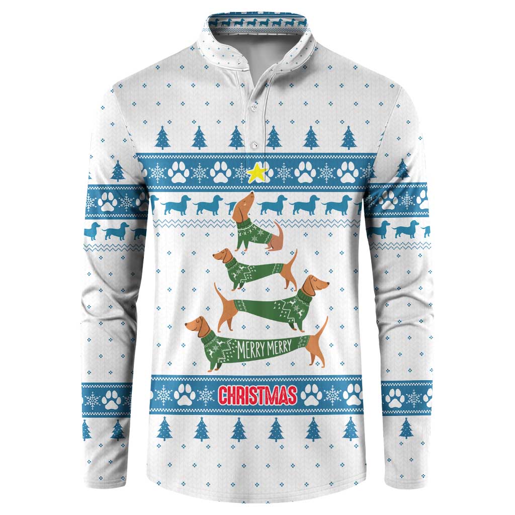 Dachshund Dog Tree Stack Button Sweatshirt with Blue White Paw Print Pattern Design - Wonder Print Shop