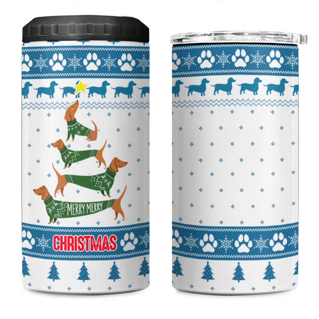 Dachshund Dog Tree Stack 4 in 1 Can Cooler Tumbler with Blue White Paw Print Pattern Design - Wonder Print Shop