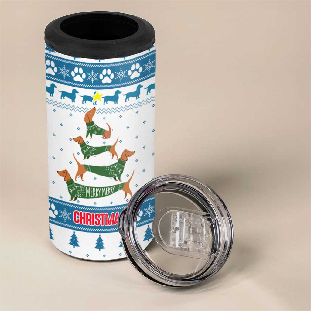 Dachshund Dog Tree Stack 4 in 1 Can Cooler Tumbler with Blue White Paw Print Pattern Design - Wonder Print Shop
