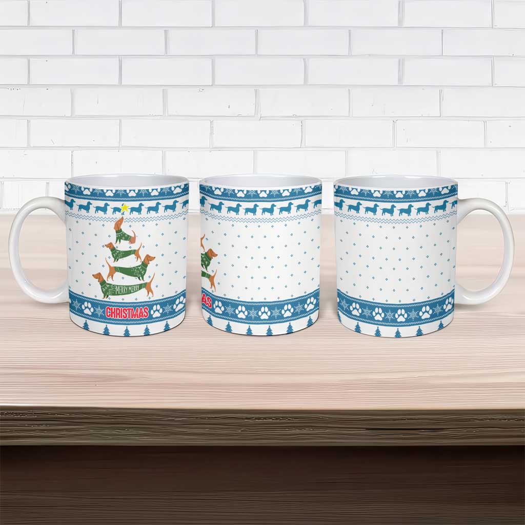 Dachshund Dog Tree Stack Ceramic Mug with Blue White Paw Print Pattern Design - Wonder Print Shop