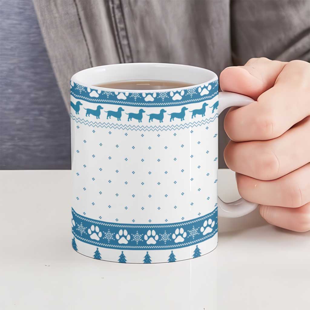Dachshund Dog Tree Stack Ceramic Mug with Blue White Paw Print Pattern Design - Wonder Print Shop