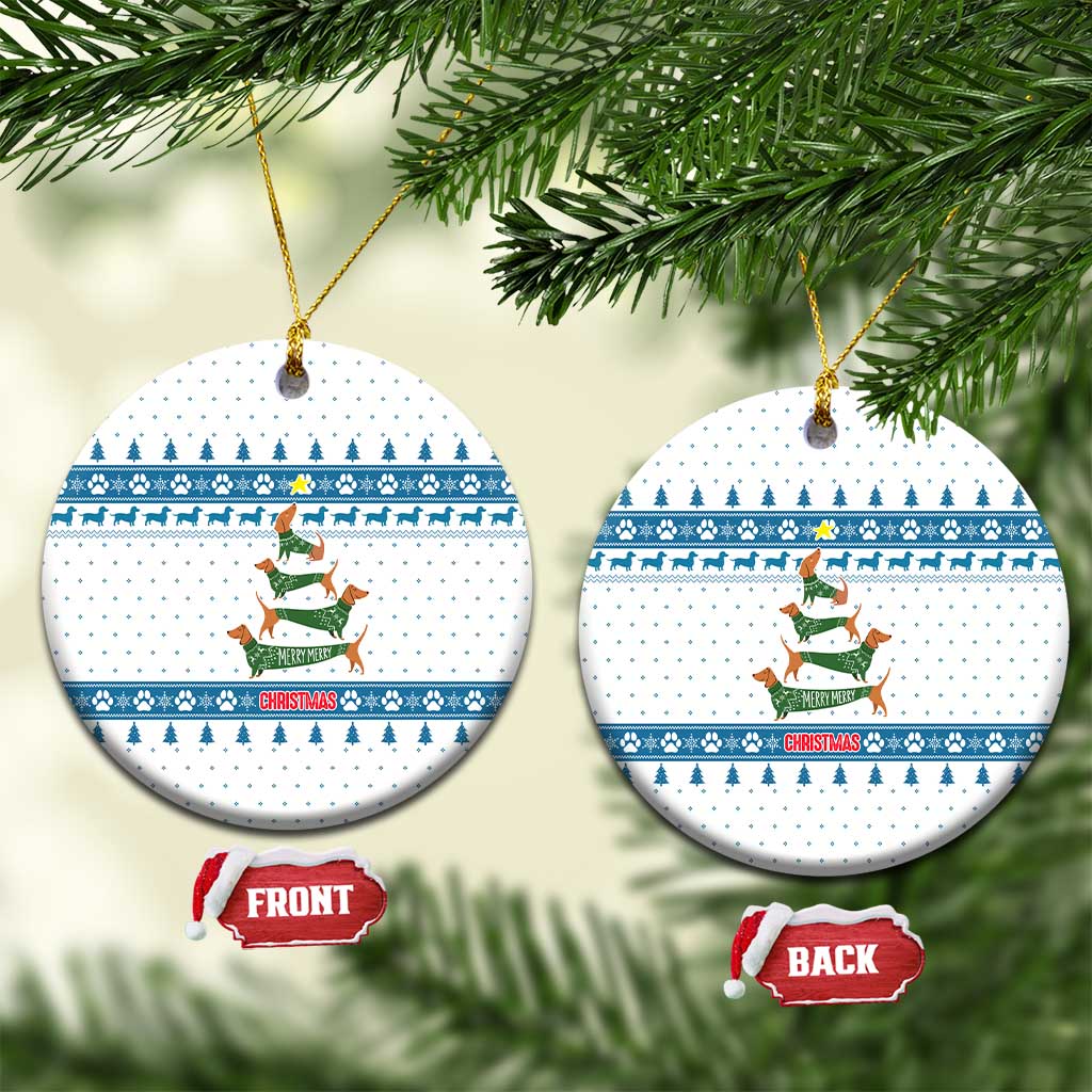 Dachshund Dog Tree Stack Ceramic Ornament with Blue White Paw Print Pattern Design - Wonder Print Shop