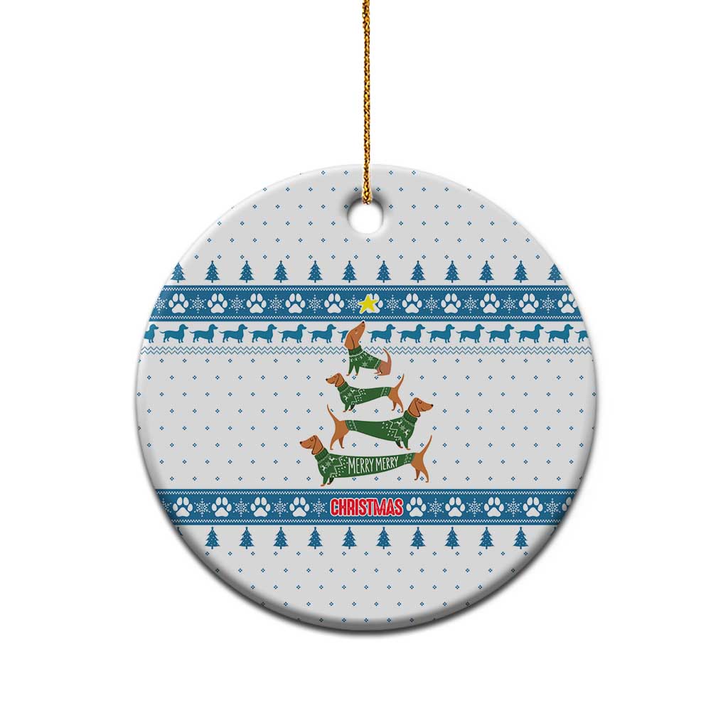 Dachshund Dog Tree Stack Ceramic Ornament with Blue White Paw Print Pattern Design - Wonder Print Shop