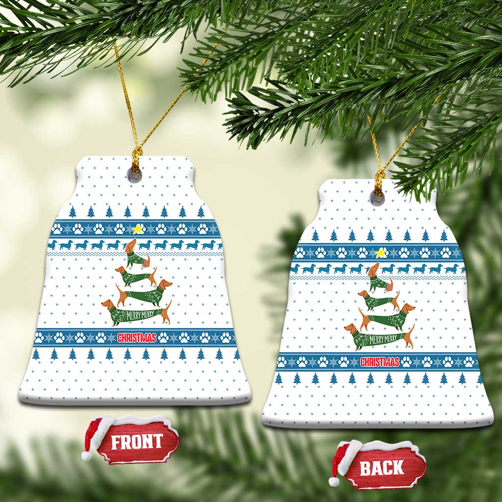 Dachshund Dog Tree Stack Ceramic Ornament with Blue White Paw Print Pattern Design - Wonder Print Shop