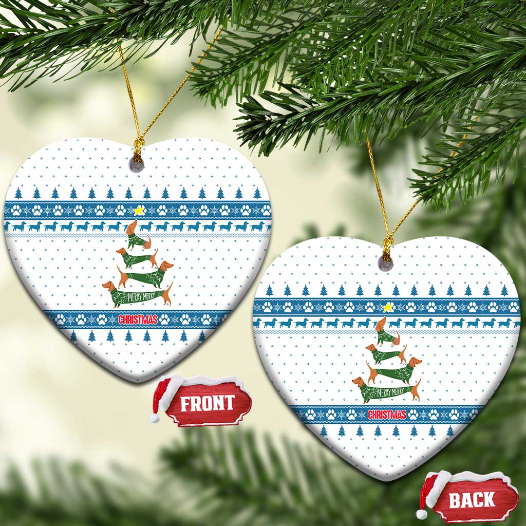 Dachshund Dog Tree Stack Ceramic Ornament with Blue White Paw Print Pattern Design - Wonder Print Shop