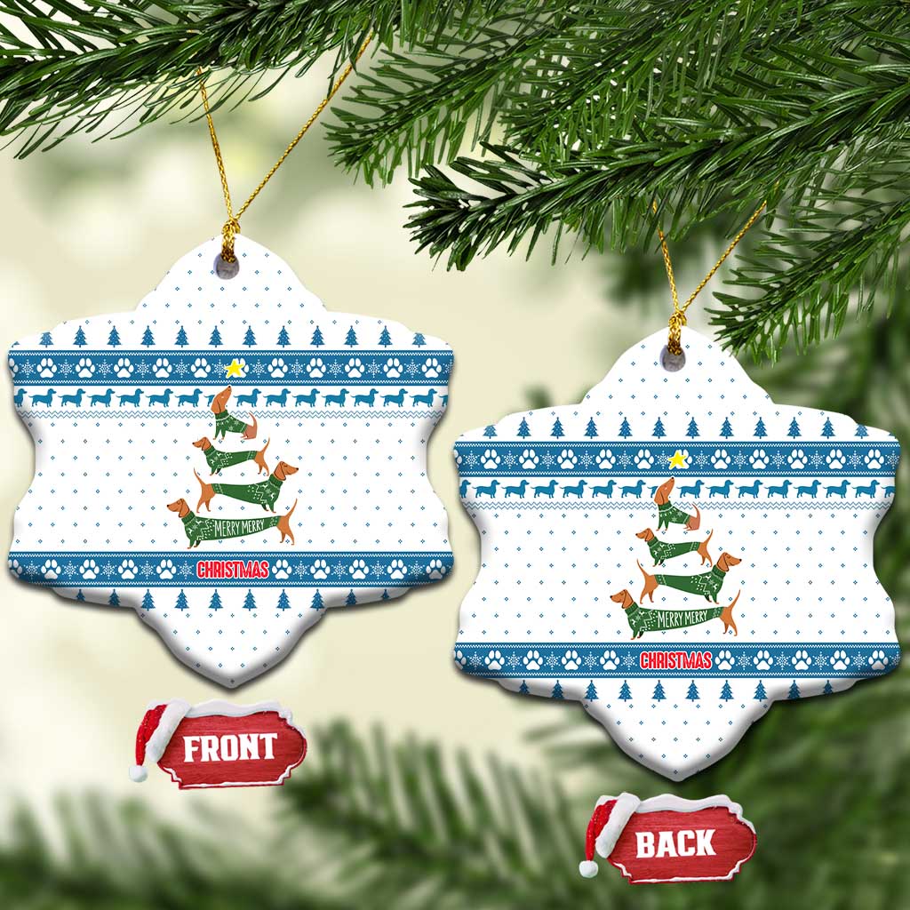 Dachshund Dog Tree Stack Ceramic Ornament with Blue White Paw Print Pattern Design - Wonder Print Shop
