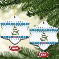 Dachshund Dog Tree Stack Ceramic Ornament with Blue White Paw Print Pattern Design - Wonder Print Shop