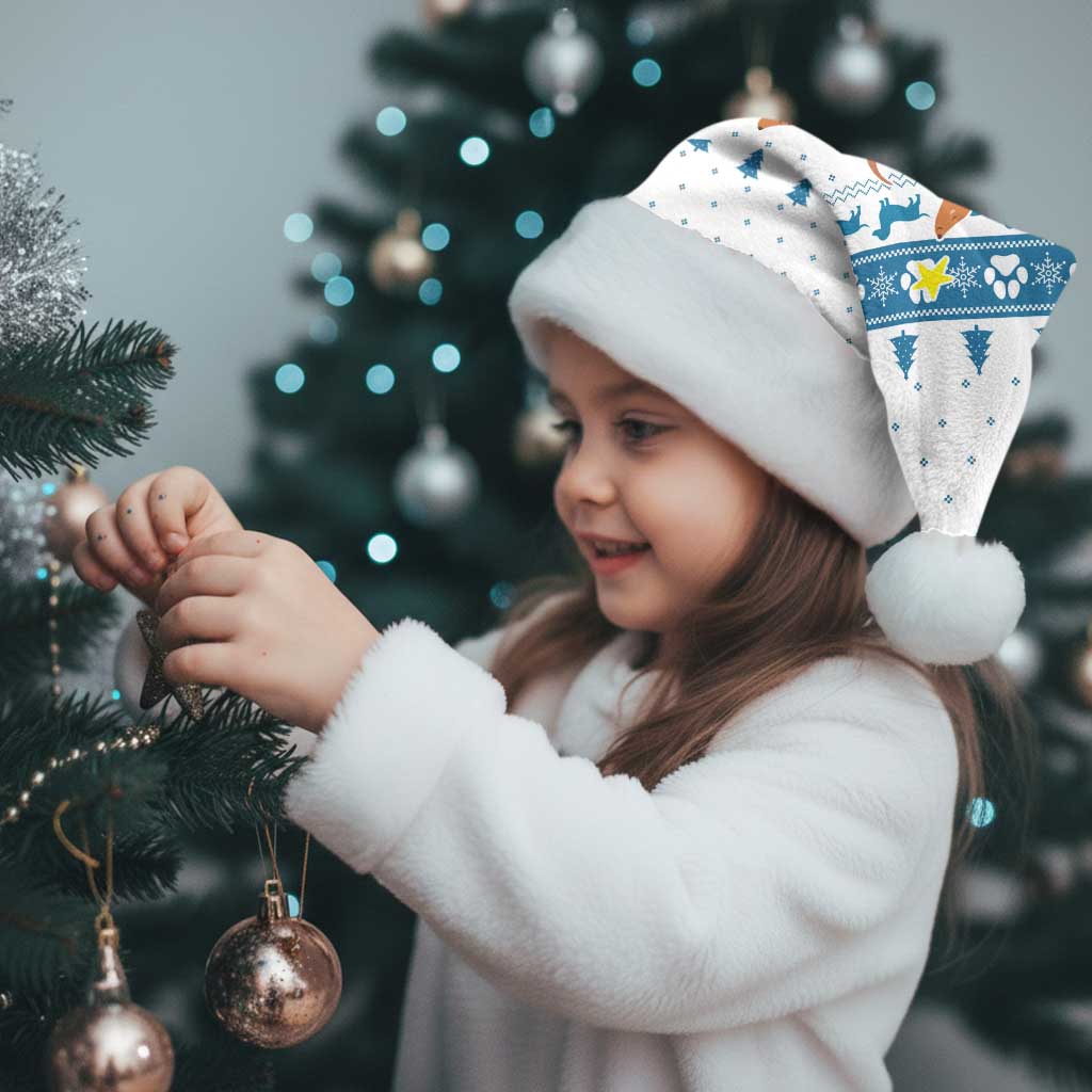 Dachshund Dog Tree Stack Christmas Santa Hat with Blue White Paw Print Pattern Design - Wonder Print Shop