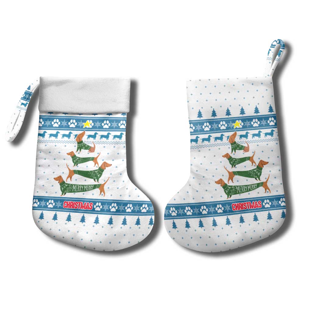 Dachshund Dog Tree Stack Christmas Stocking with Blue White Paw Print Pattern Design - Wonder Print Shop