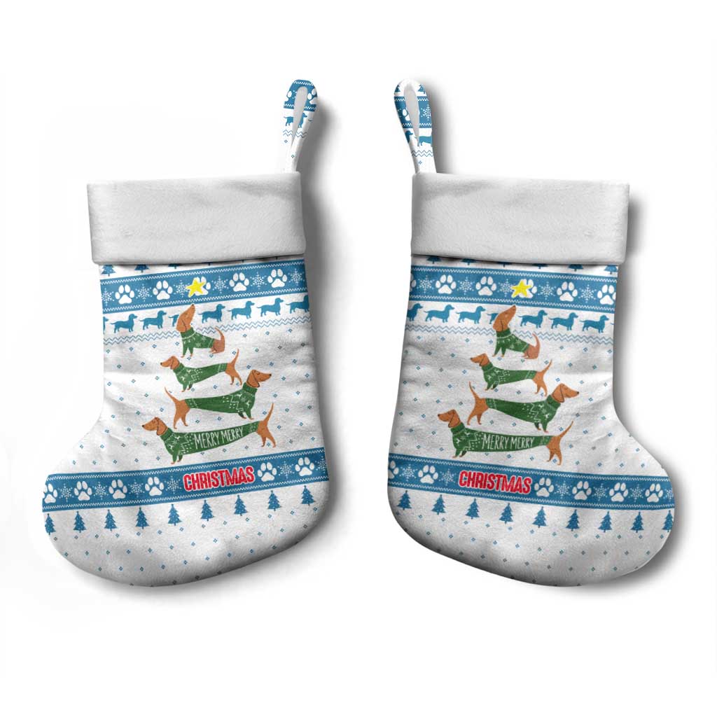Dachshund Dog Tree Stack Christmas Stocking with Blue White Paw Print Pattern Design - Wonder Print Shop