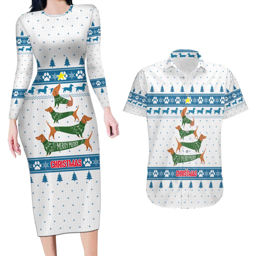 Dachshund Dog Tree Stack Couples Matching Long Sleeve Bodycon Dress and Hawaiian Shirt with Blue White Paw Print Pattern Design - Wonder Print Shop