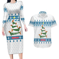 Dachshund Dog Tree Stack Couples Matching Long Sleeve Bodycon Dress and Hawaiian Shirt with Blue White Paw Print Pattern Design - Wonder Print Shop