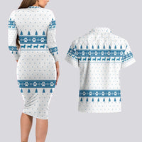Dachshund Dog Tree Stack Couples Matching Long Sleeve Bodycon Dress and Hawaiian Shirt with Blue White Paw Print Pattern Design - Wonder Print Shop