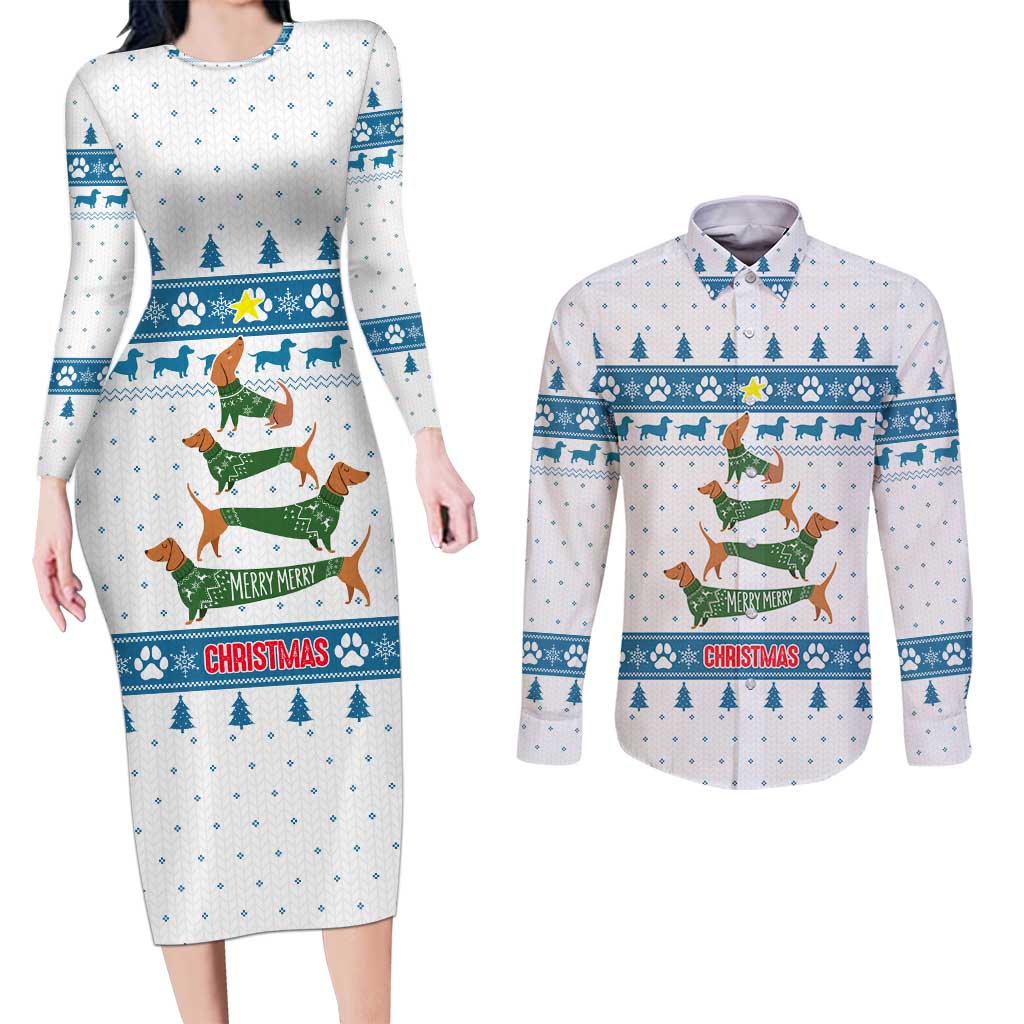 Dachshund Dog Tree Stack Couples Matching Long Sleeve Bodycon Dress and Long Sleeve Button Shirt with Blue White Paw Print Pattern Design - Wonder Print Shop