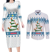 Dachshund Dog Tree Stack Couples Matching Long Sleeve Bodycon Dress and Long Sleeve Button Shirt with Blue White Paw Print Pattern Design - Wonder Print Shop