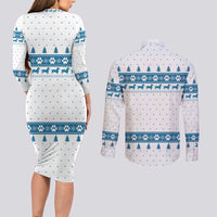 Dachshund Dog Tree Stack Couples Matching Long Sleeve Bodycon Dress and Long Sleeve Button Shirt with Blue White Paw Print Pattern Design - Wonder Print Shop