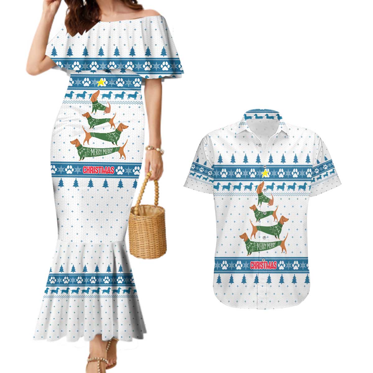 Dachshund Dog Tree Stack Couples Matching Mermaid Dress and Hawaiian Shirt with Blue White Paw Print Pattern Design - Wonder Print Shop