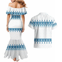 Dachshund Dog Tree Stack Couples Matching Mermaid Dress and Hawaiian Shirt with Blue White Paw Print Pattern Design - Wonder Print Shop