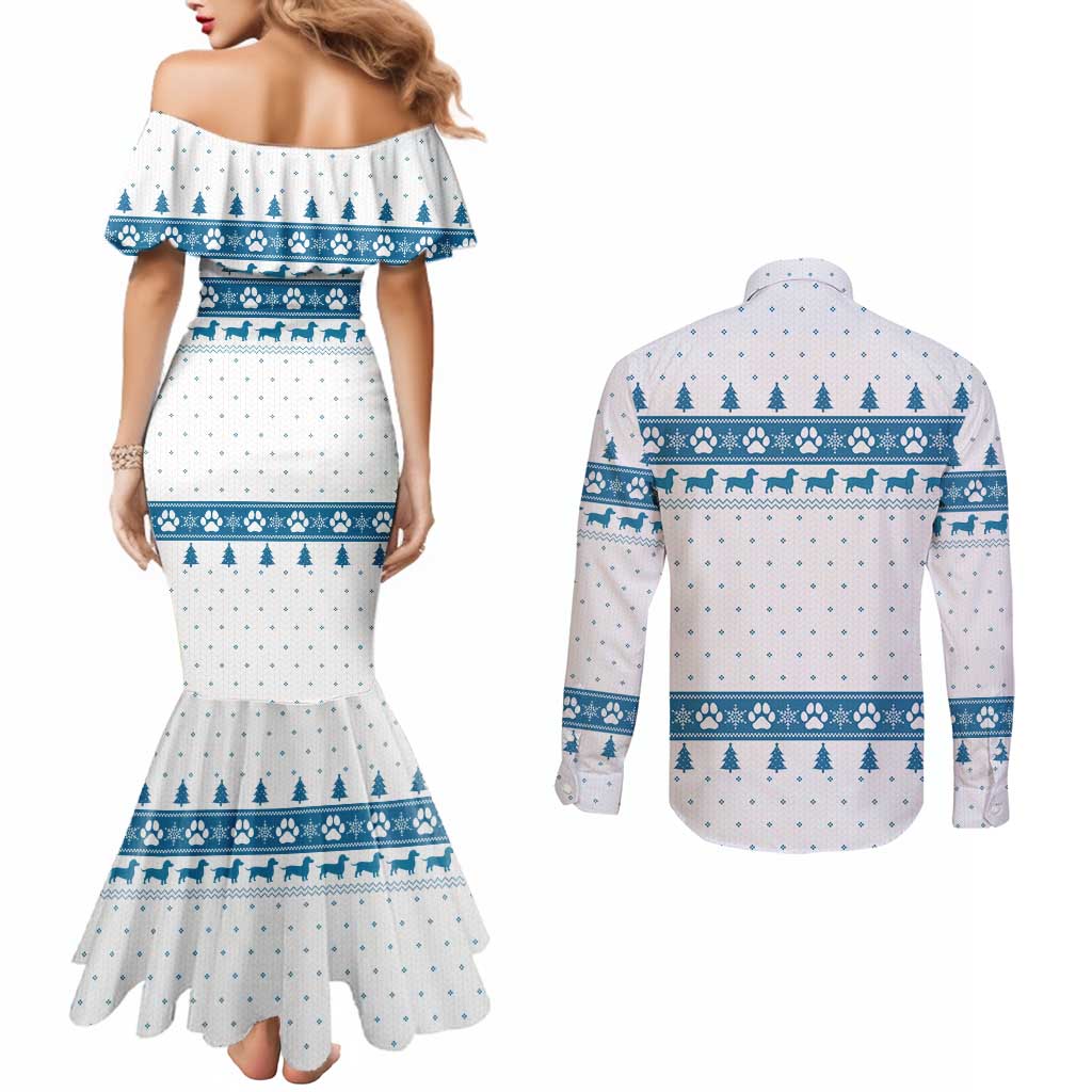 Dachshund Dog Tree Stack Couples Matching Mermaid Dress and Long Sleeve Button Shirt with Blue White Paw Print Pattern Design - Wonder Print Shop