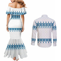 Dachshund Dog Tree Stack Couples Matching Mermaid Dress and Long Sleeve Button Shirt with Blue White Paw Print Pattern Design - Wonder Print Shop