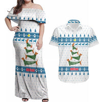 Dachshund Dog Tree Stack Couples Matching Off Shoulder Maxi Dress and Hawaiian Shirt with Blue White Paw Print Pattern Design - Wonder Print Shop