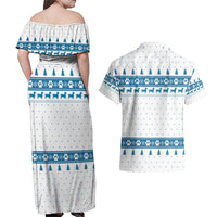 Dachshund Dog Tree Stack Couples Matching Off Shoulder Maxi Dress and Hawaiian Shirt with Blue White Paw Print Pattern Design - Wonder Print Shop