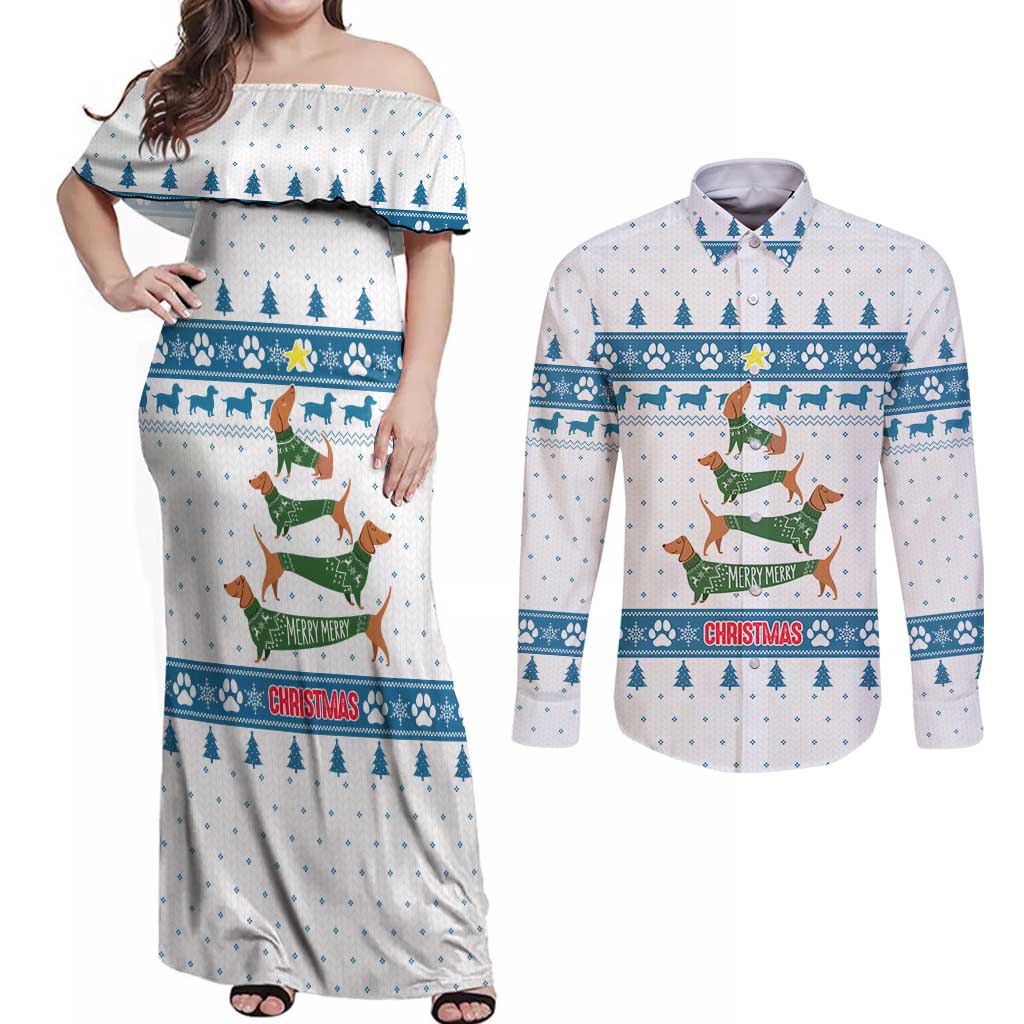 Dachshund Dog Tree Stack Couples Matching Off Shoulder Maxi Dress and Long Sleeve Button Shirt with Blue White Paw Print Pattern Design - Wonder Print Shop