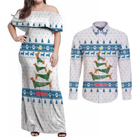 Dachshund Dog Tree Stack Couples Matching Off Shoulder Maxi Dress and Long Sleeve Button Shirt with Blue White Paw Print Pattern Design - Wonder Print Shop