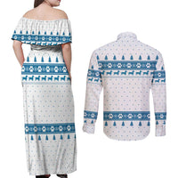 Dachshund Dog Tree Stack Couples Matching Off Shoulder Maxi Dress and Long Sleeve Button Shirt with Blue White Paw Print Pattern Design - Wonder Print Shop
