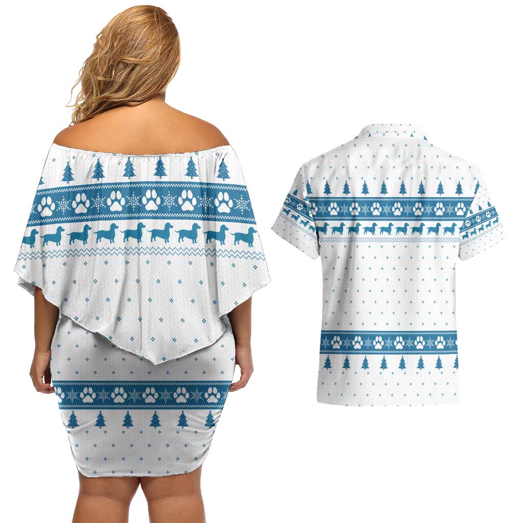 Dachshund Dog Tree Stack Couples Matching Off Shoulder Short Dress and Hawaiian Shirt with Blue White Paw Print Pattern Design - Wonder Print Shop