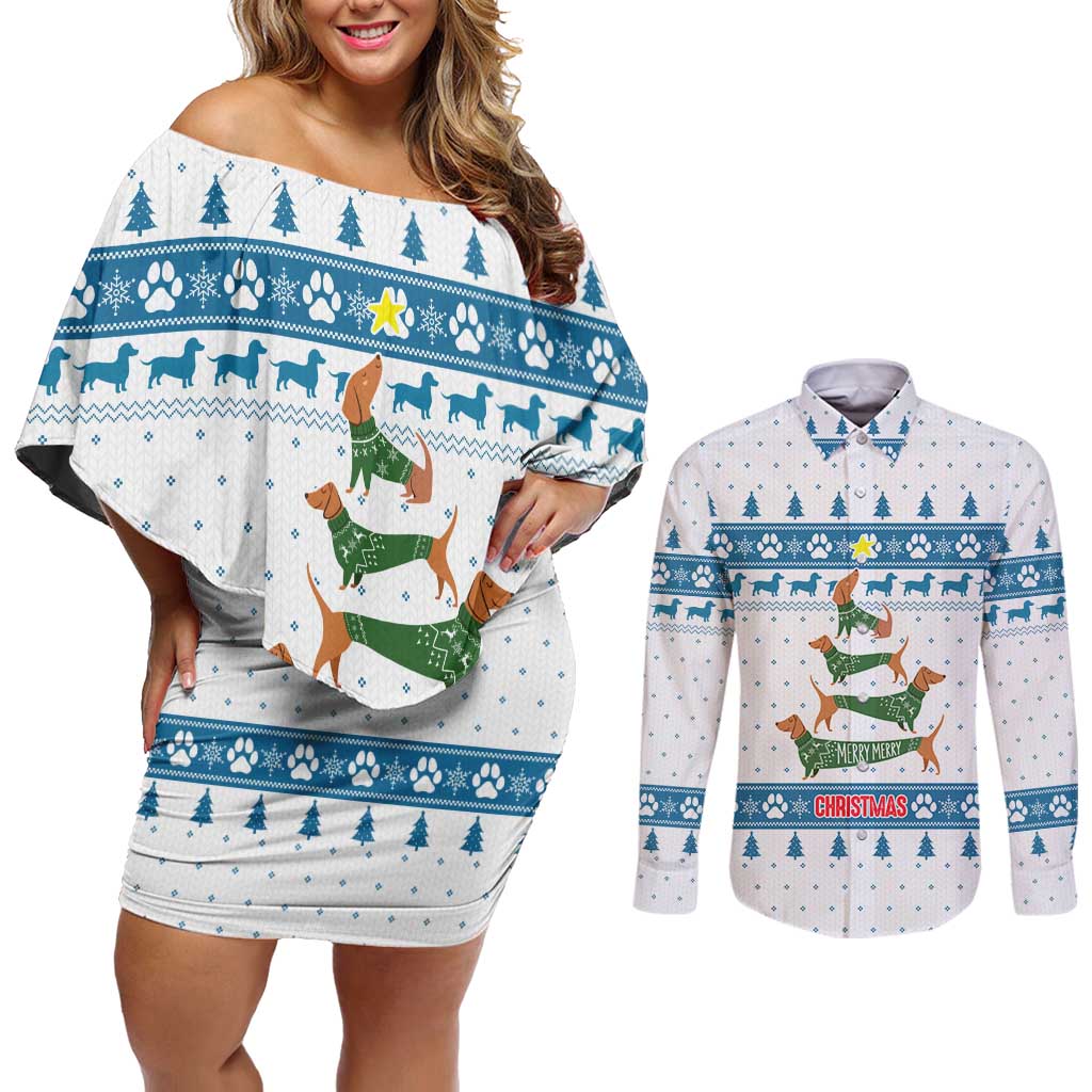 Dachshund Dog Tree Stack Couples Matching Off Shoulder Short Dress and Long Sleeve Button Shirt with Blue White Paw Print Pattern Design - Wonder Print Shop