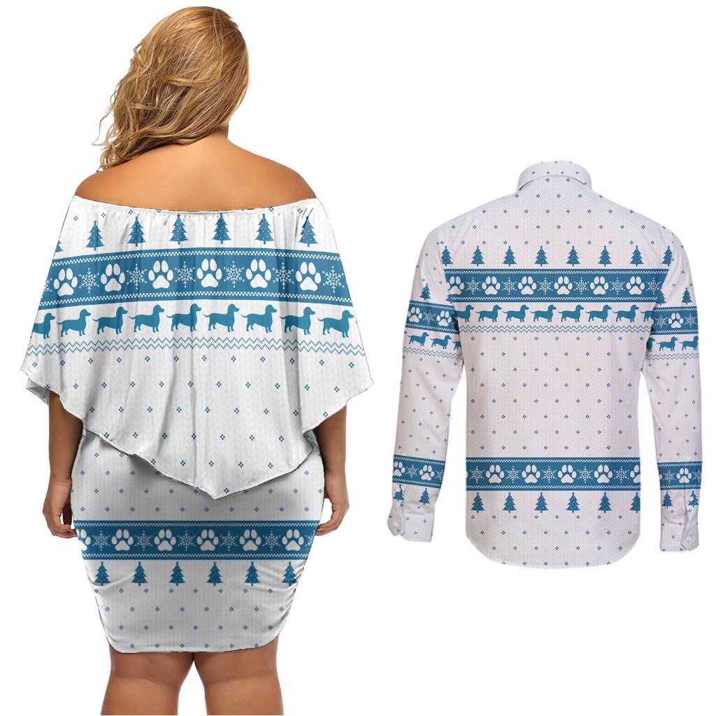 Dachshund Dog Tree Stack Couples Matching Off Shoulder Short Dress and Long Sleeve Button Shirt with Blue White Paw Print Pattern Design - Wonder Print Shop