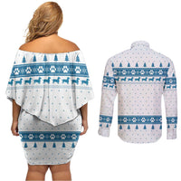 Dachshund Dog Tree Stack Couples Matching Off Shoulder Short Dress and Long Sleeve Button Shirt with Blue White Paw Print Pattern Design - Wonder Print Shop