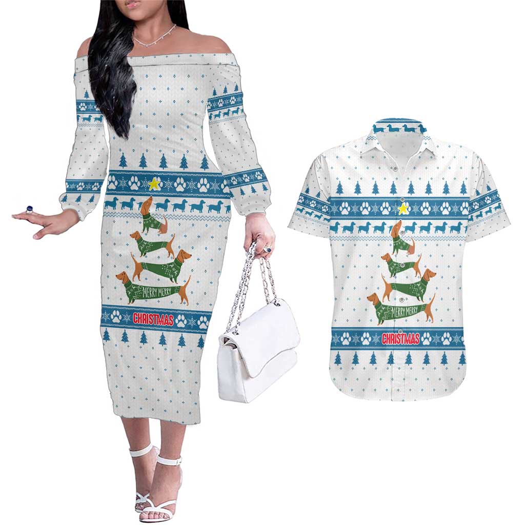 Dachshund Dog Tree Stack Couples Matching Off The Shoulder Long Sleeve Dress and Hawaiian Shirt with Blue White Paw Print Pattern Design - Wonder Print Shop