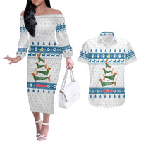 Dachshund Dog Tree Stack Couples Matching Off The Shoulder Long Sleeve Dress and Hawaiian Shirt with Blue White Paw Print Pattern Design - Wonder Print Shop