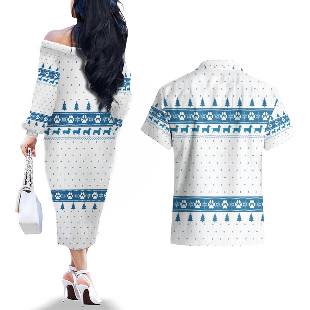 Dachshund Dog Tree Stack Couples Matching Off The Shoulder Long Sleeve Dress and Hawaiian Shirt with Blue White Paw Print Pattern Design - Wonder Print Shop