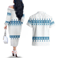 Dachshund Dog Tree Stack Couples Matching Off The Shoulder Long Sleeve Dress and Hawaiian Shirt with Blue White Paw Print Pattern Design - Wonder Print Shop