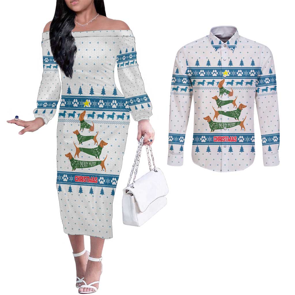Dachshund Dog Tree Stack Couples Matching Off The Shoulder Long Sleeve Dress and Long Sleeve Button Shirt with Blue White Paw Print Pattern Design - Wonder Print Shop