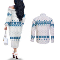 Dachshund Dog Tree Stack Couples Matching Off The Shoulder Long Sleeve Dress and Long Sleeve Button Shirt with Blue White Paw Print Pattern Design - Wonder Print Shop